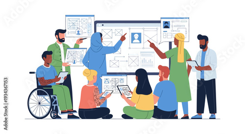 Diverse Team Collaborating on UI/UX Design & Software Development. Multicultural Professionals Brainstorming User Experience Wireframes for Tech Innovation.