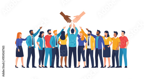 Diverse Team Collaboration, Unity & Support. Business People Reaching Up for Global Partnership & Inclusion - Vector Illustration.