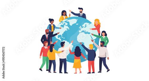 Diverse Global Team Pointing to Earth - International Collaboration, Unity & Focus