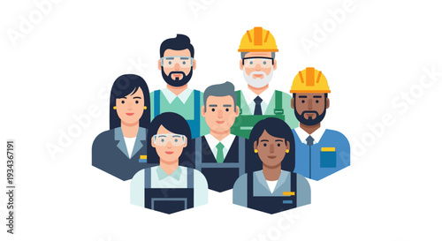 Diverse Professionals and Workers Team Flat Design Illustration. Inclusive Workforce of Skilled Trades, Businesspeople, and Laborers.