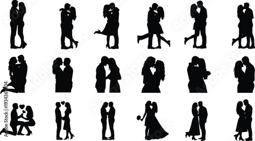 Romantic Couple Silhouettes Collection of Loving Man and Woman Kissing, Hugging and Proposing Isolated on White Background for Valentine Design