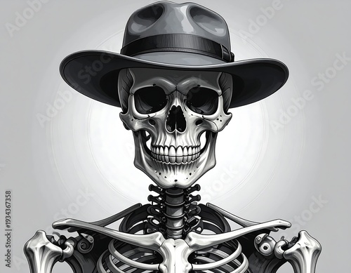 Black and white illustration of a skeleton wearing a fedora. The grinning skull and ribcage are prominent