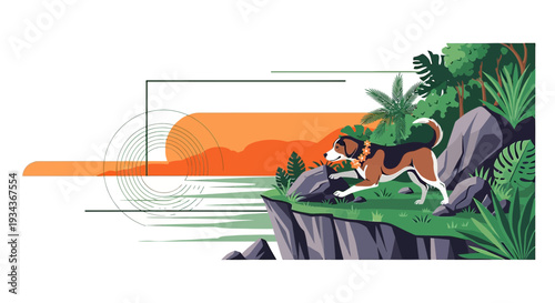 Beagle Dog Exploring Cliffside Nature Scene with Abstract Elements