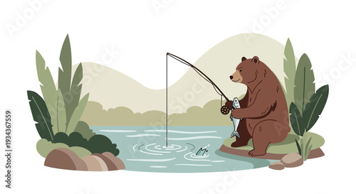Bear Fishing in River Nature Scene Illustration