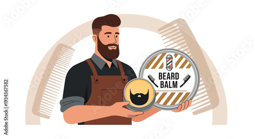 Bearded Man Barber Holding Beard Balm Product with Combs and Barber Pole