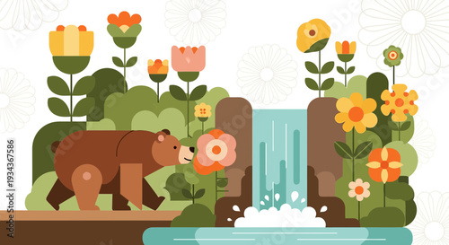 Bear Smelling Flower by Waterfall, Flat Design, Nature Illustration