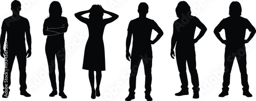 Standing people silhouettes set, men and women black full body figures in different poses isolated on white background