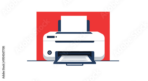 Modern printer with paper output tray extended on red background