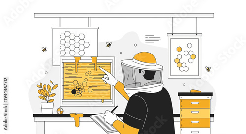 Beekeeper Inspecting Hive, Honeycomb and Bees - Flat Illustration