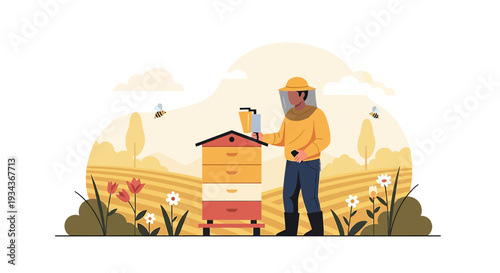 Beekeeper Inspecting Hive in Field with Flowers and Bees