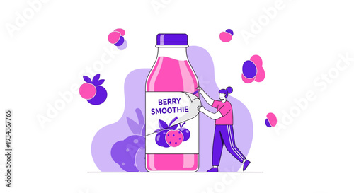 Berry Smoothie Bottle with Woman and Abstract Shapes