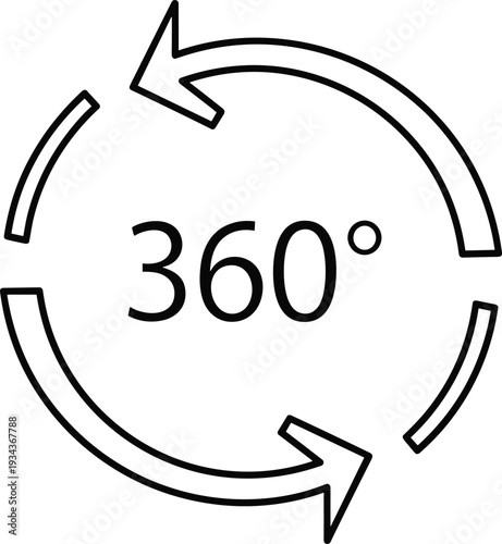 360 degree circular arrow icon design with clockwise rotation, minimal black outline illustration symbolizing full cycle, continuous motion, completeness, and virtual tour concepts