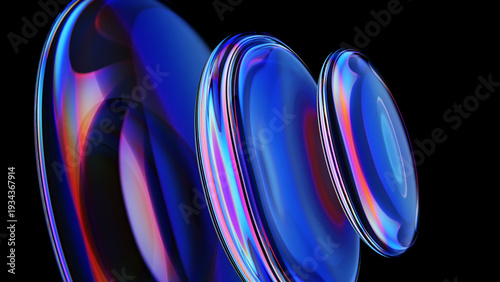 Elegant and precise iridescent glass shapes on black background