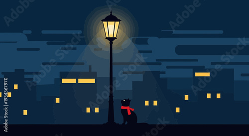Black Cat Under Streetlight at Night in City Silhouette with Red Scarf