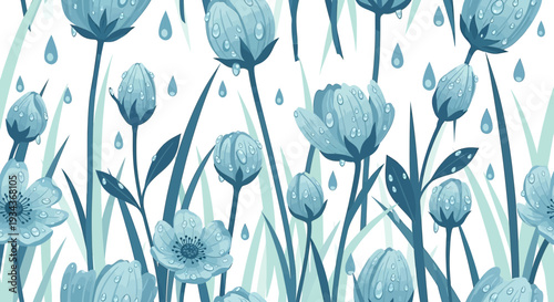Blue Floral Pattern with Raindrops - Watercolor Style