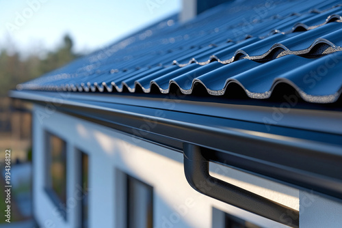 Close-up of a seamless aluminum gutter fixed along a modern roof edge. Home drainage and exterior construction concept.