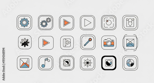 Collection of modern flat icons representing various digital concepts.