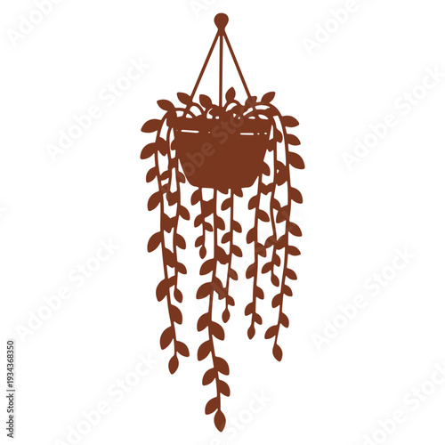 Stylized hanging plant illustration in brown with cascading vines and decorative pot for creative design and ornamental purposes