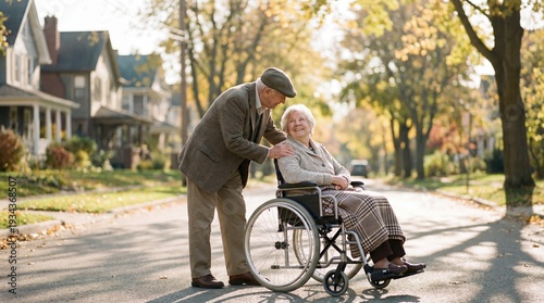Serene Stroll: An elderly man gently guides his beloved, who is in a wheelchair, along a quiet, tree-lined street, sharing a tender moment of companionship and care.