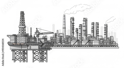 Offshore oil rig and refinery complex industrial illustration.