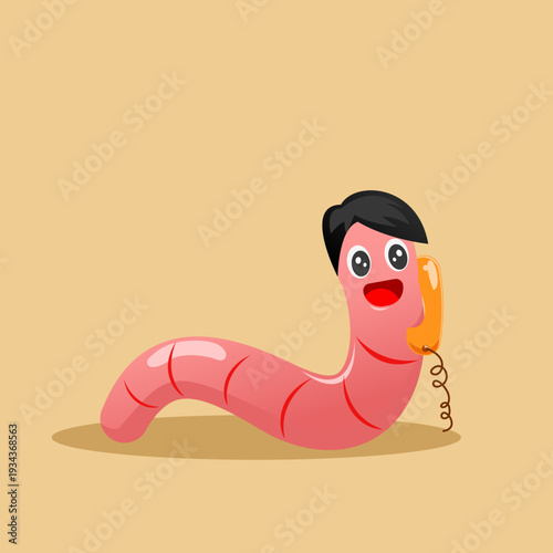 A funny cartoon worm vector illustration featuring a vintage animal design on a vibrant red background with fun artistic elements for a child card or icon