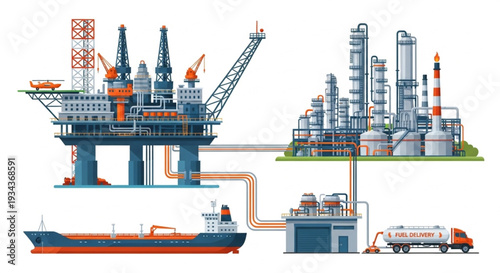 Offshore oil rig and refinery complex with tanker and truck.