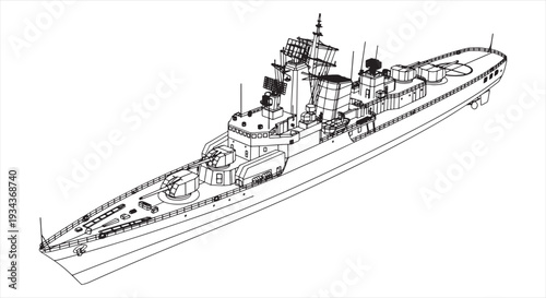 Warship Blueprint – Naval Military Vessel CAD Technical Drawing and Wireframe Model