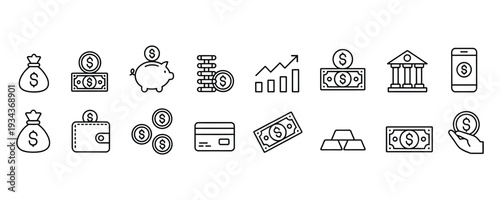 Set of modern finance icons including money and banking symbols