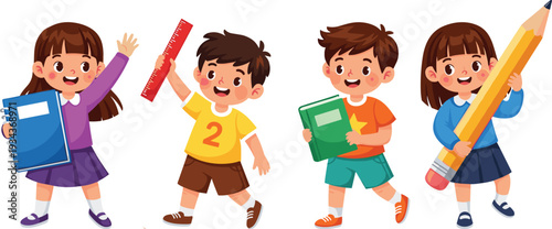 Cartoon children holding school supplies illustration featuring notebook, ruler, book, and pencil, symbolizing education, learning, back-to-school theme, and cheerful classroom design.