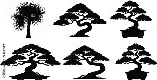 Collection of black bonsai tree silhouettes featuring decorative oriental plants in pots and a fan palm tree for nature design