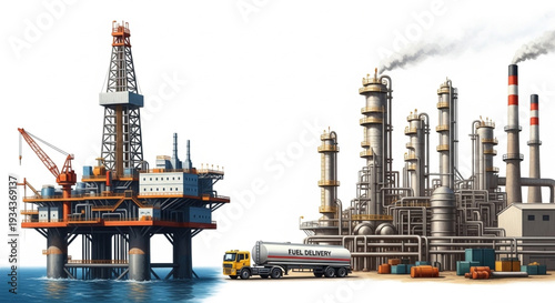 Offshore oil rig and refinery complex with truck.