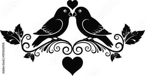 Romantic love birds silhouette with heart, floral ornamental vintage design for wedding invitation, valentine decor, vector illustration symmetrical black artwork