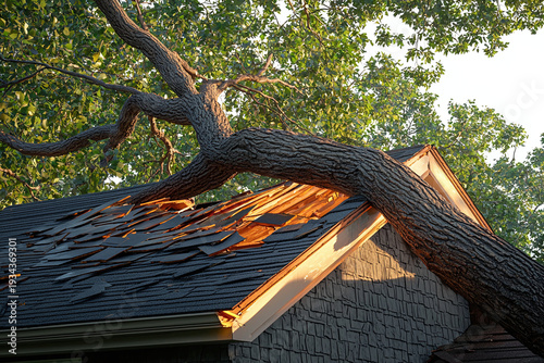 Large fallen tree crushing a house roof after a severe storm. Home insurance and property damage concept.