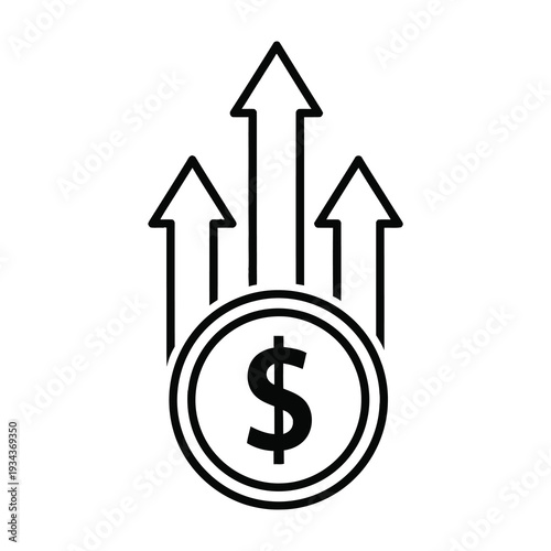 Coin with dollar symbol surrounded by upward arrows symbolizing growth