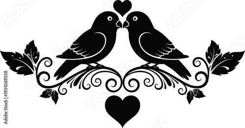 Romantic love birds silhouette with hearts and floral ornament, vintage symmetrical vector illustration for wedding invitation, valentine card design