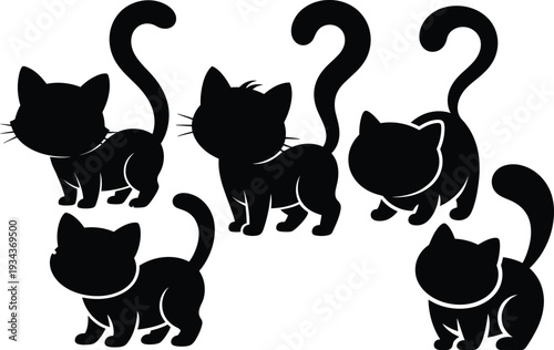 Set of cute black cat silhouettes in vector style featuring kittens with playful tails in a simple cartoon illustration collection