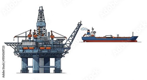 Offshore oil rig and tanker ship illustration.