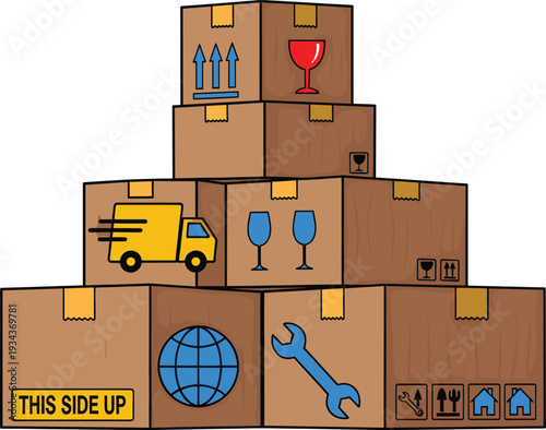 Cartoon illustration of a stack of brown cardboard shipping boxes featuring colorful icons for delivery trucks, fragile items, global logistics, and household moving services.