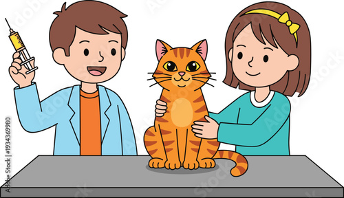 Cartoon illustration of a young male veterinarian holding a syringe while a girl calms her orange tabby cat during a professional medical vaccination visit.