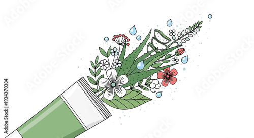 Botanical Beauty: Aloe Vera, Flowers, and Water Droplets Bursting from Tube