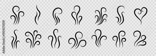 Smoke steam of coffee with smell line icon set. Hand drawn scent stream and wavy aroma doodle lines. Sketch hot vapor steam with smell and cooking fragrance.