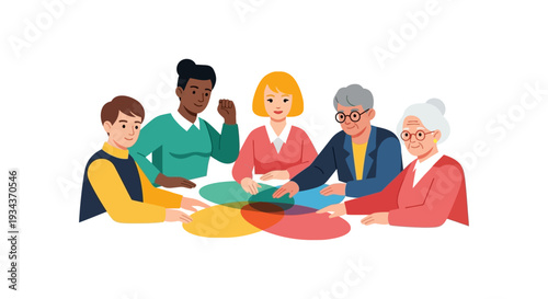 Inclusive Multi-Generational Team Collaborating & Discussing Ideas. Diverse Group Meeting with Overlapping Circles Representing Shared Perspectives.