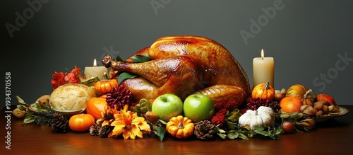 A Golden Roasted Turkey Feast with Autumnal Decorations and Warm Candlelight