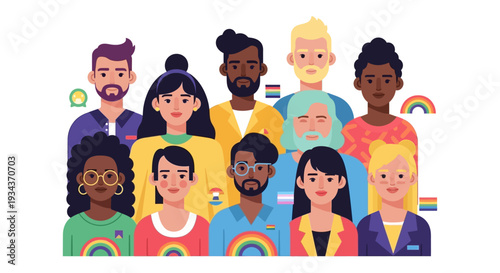 Diverse Group of People with LGBTQ+ Pride Flags - Flat Design Illustration for Inclusion and Community