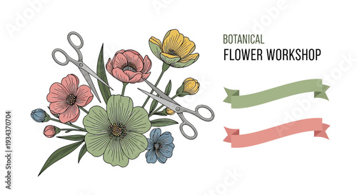 Botanical Flower Workshop: Hand-Drawn Floral Illustration with Scissors and Ribbons