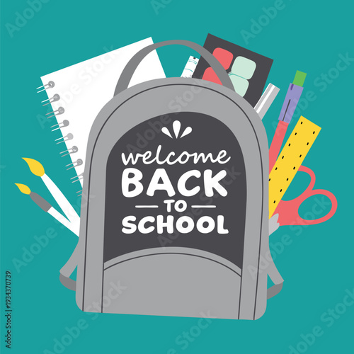 Welcome Back to School Backpack with Colorful Stationery and Art Supplies Illustration for Education