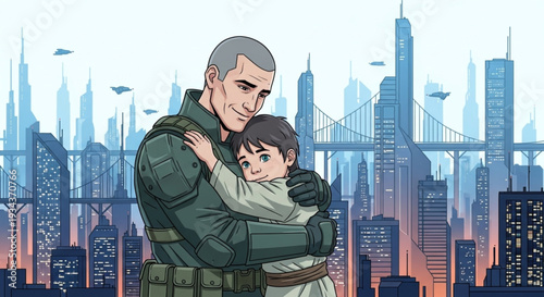 Soldier embracing a child with a futuristic metropolis in the background — a vector illustration.