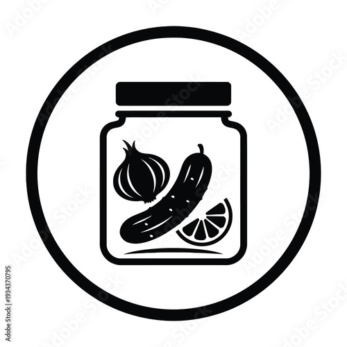 Pickled vegetables in glass jar with onion cucumber and lemon slice