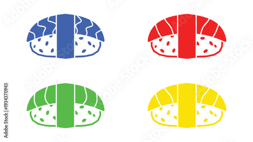 Four creatively colored and patterned oval shapes with central vertical stripes.