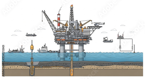 Offshore oil rig drilling platform in the ocean with support vessels and underwater diagram.